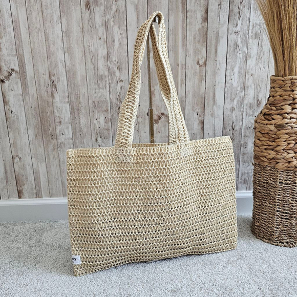 Burberry Goddess Crocheted Open Weave Natural Paper Straw Tote Shoulder … - Picture 1 of 14
